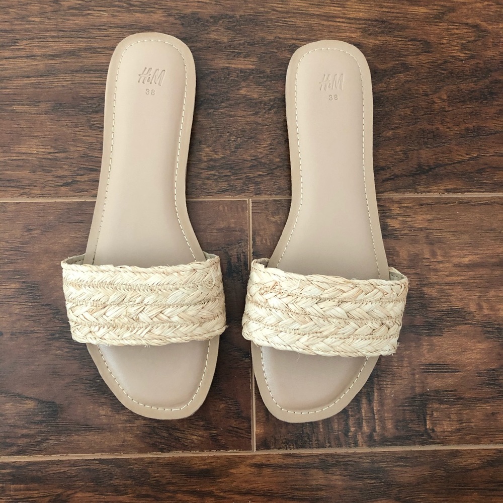Straw Braided Woven Slip On Slide Sandals Flats